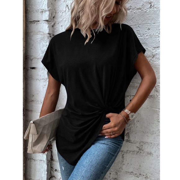 Twist Detail Black Tee Shirt Short Sleeve Round Neck - Picture 6 of 13